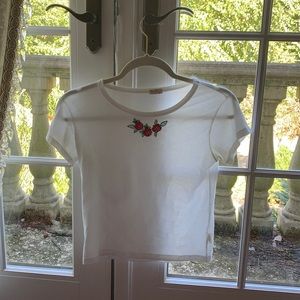 Brandy Melville Rose Embroidered White Tee